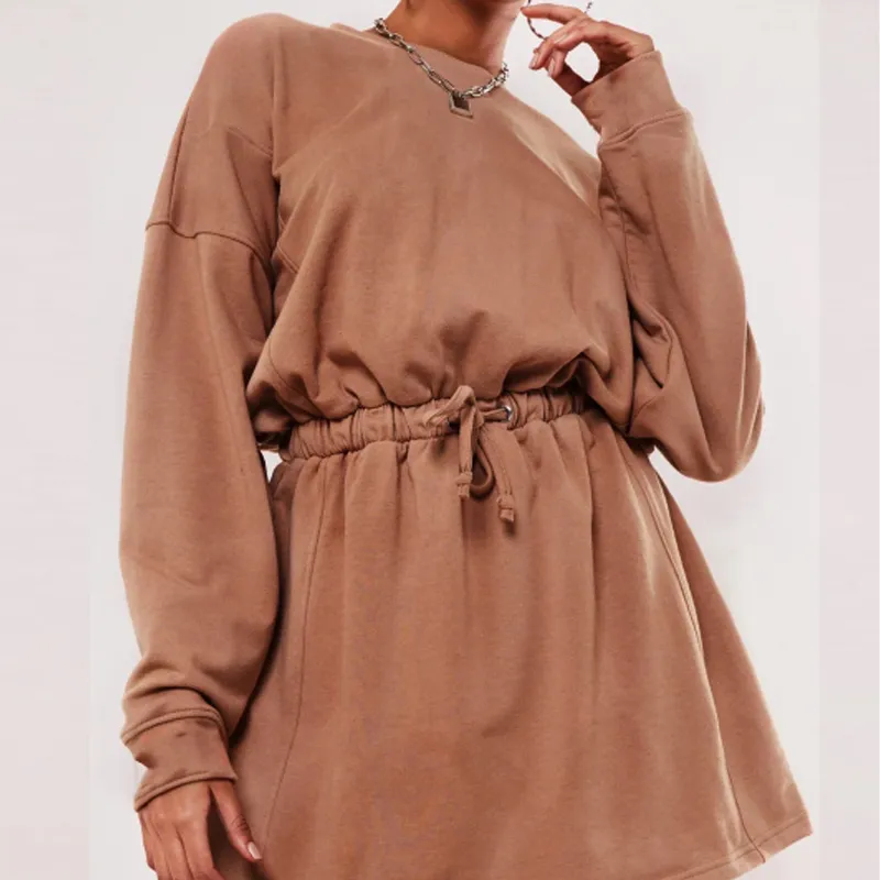 Femmes décontracté o-cou automne ceintures robe ample couleur unie à manches longues Streetwear taille élastique à la mode Mini robe coton robe 210412