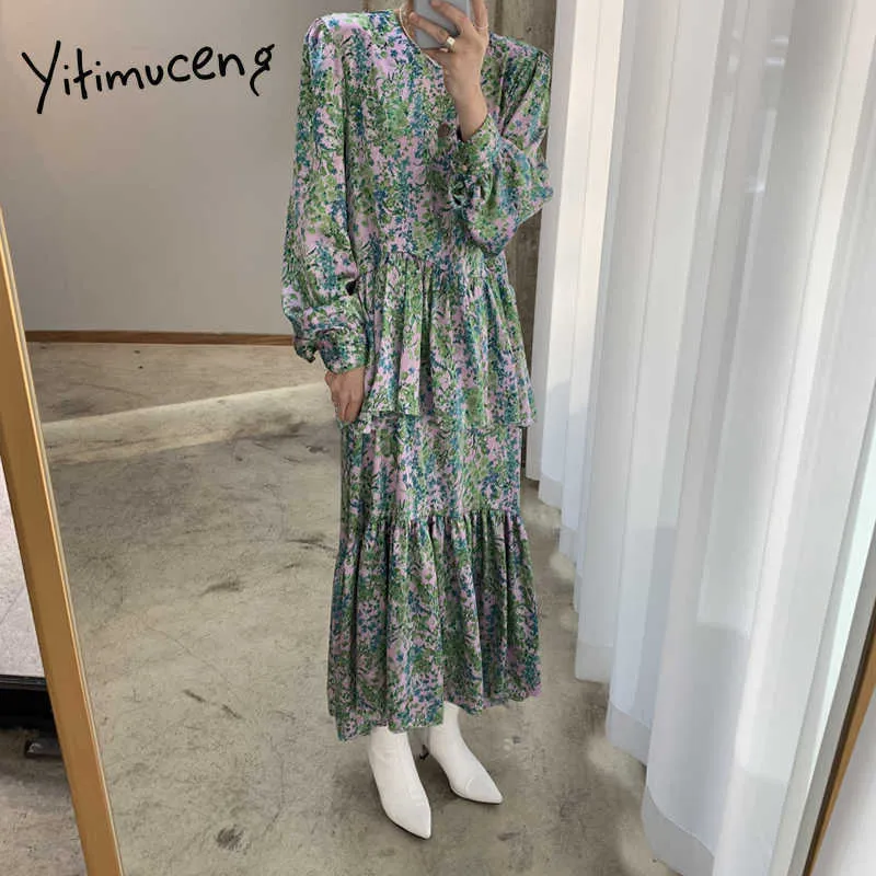 Yitimuceng Floral Print Jurken Dames Ruched Vintage Lange Jurk Koreaanse Mode Hoge Taille Groen Zwart Sundress Spring 210601