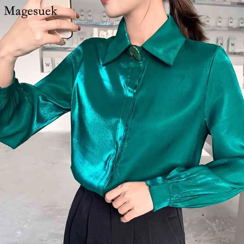 Autunno Solid Womens Top e camicette Donna Camicia Elegante Button Stand Collar Manicotto a sbuffo Chic Business Abbigliamento Donna 8911 210518