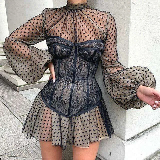 Summer Dresses For Women Party Bodycon Dress Sexy White Long Sleeve Dress Black Lace Corset Dress Mini Club Outfits Evening 210422