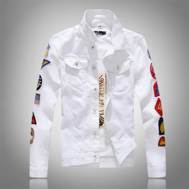2023 Slim Fit Mens Denim Jacket With Patches Green White Turn Down Collar Jeans Coat For Men From Boomery 30.33 DHgate.Com