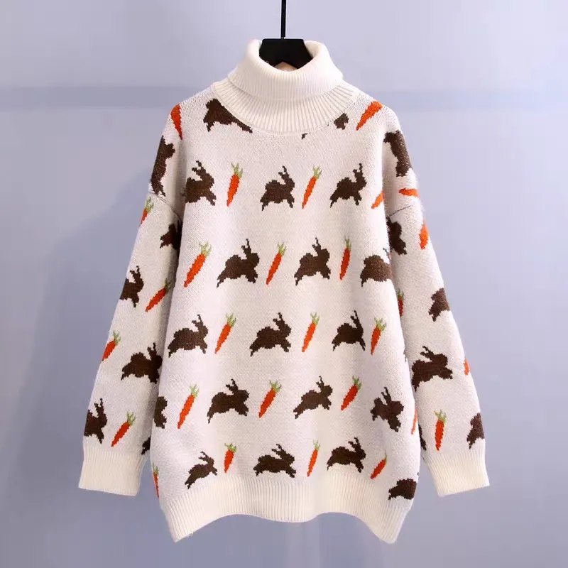 H.SA Vinter Höst Turtleneck Tröja och Pulloevr Cartoon Cute Rabbit Pull Tröjor Överträffade Sticka Toppar Jumper Kvinnor 210417