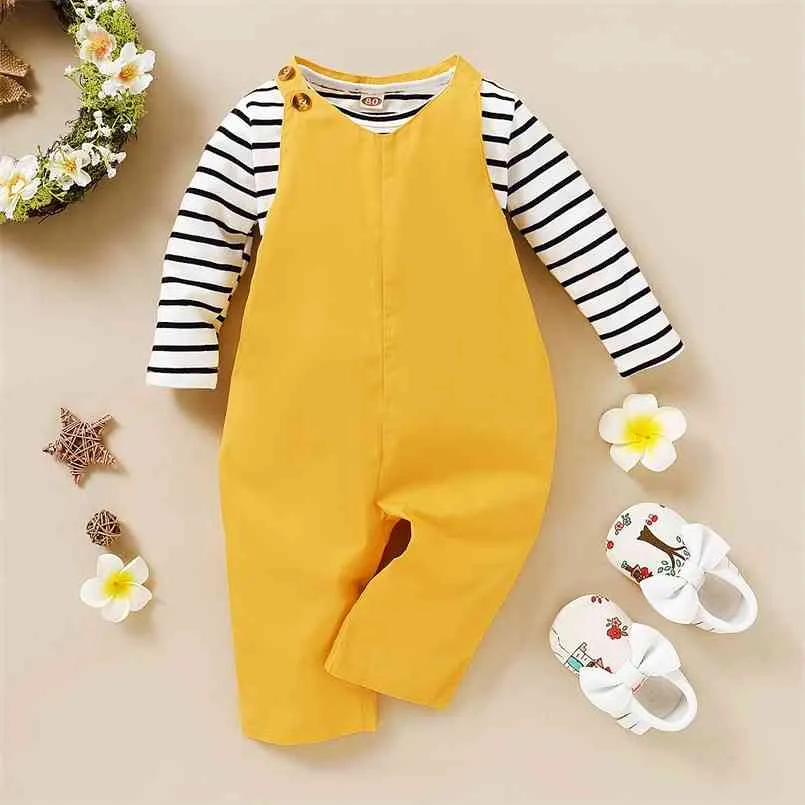 Spring and Autumn 2-piece Baby / Toddler Girl Striped Top Solid Belted Jumpsuit Set for Kids Clothes 210528