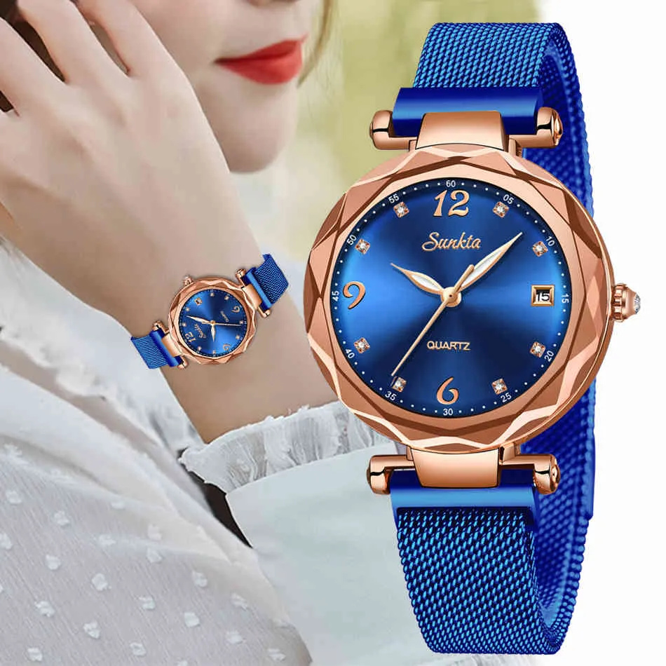 SUNKTA Women Starry Sky Watch Luxury Magnetic Buckle Mesh Band Quartz Wristwatch Female Rose Gold Diamond Watches zegarek damsk