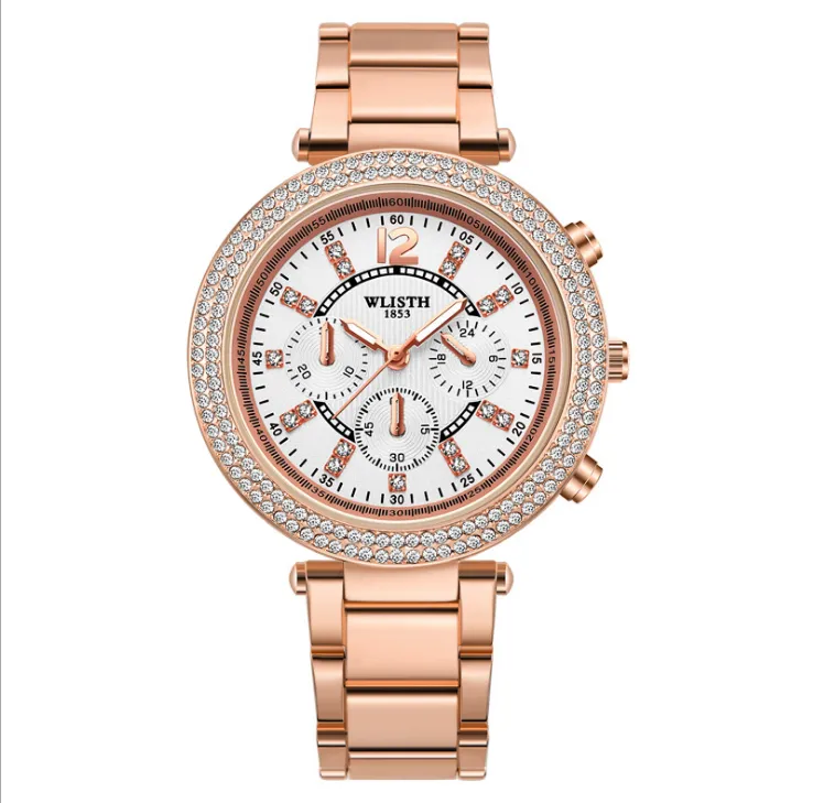 Strapol de a￧o inoxid￡vel Lignnt Luxo Elegante Rel￳gios Femininos Perfeitos Momento Full Diamond Round Quartz Rose Gold Wrist Watch Wlisth Brand