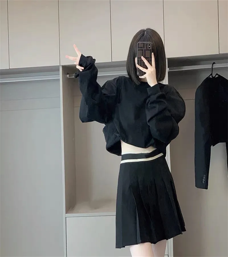 Girl's Pleated Skirt High Waist Summer Casual Kawaii A-line Plaid Black Tennis Japanese School Uniform Mini Skirts for Girls with Letter