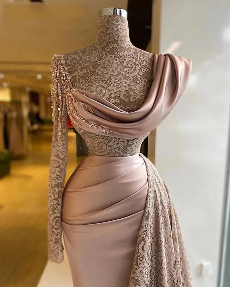 Elegent Pink Meimaid Evening Dresses High Neck One Shoulder Dubai Beads Lace Formal Prom Second Reception Gown Ruched Satin Robe de mariée