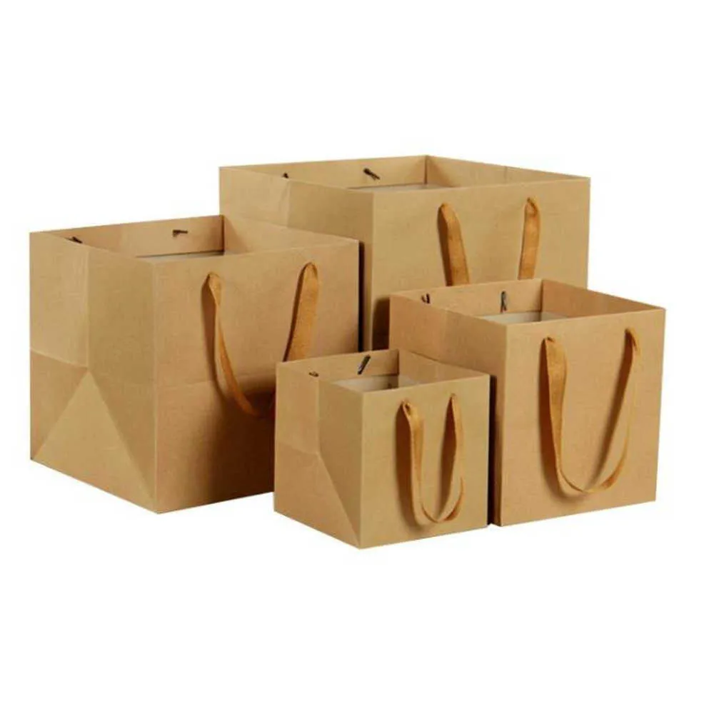 100ピースフルーツ花盆栽包装紙袋ハンドル正方形のボトムクラフト紙袋ギフトバッグブラック/ブラウン4大型