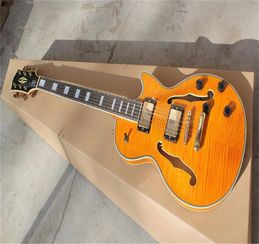 Tienda personalizada de alta calidad Cuerpo semi hueco con holón F Jazz Guitarra eléctrica amarilla natural