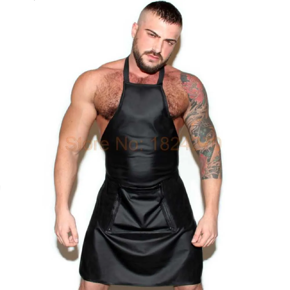 Tablier sexy en cuir verni noir pour hommes, nouveauté drôle, soirée de nuit, clubwear, col licou, ensembles de scène fétichistes pour hommes Y0831