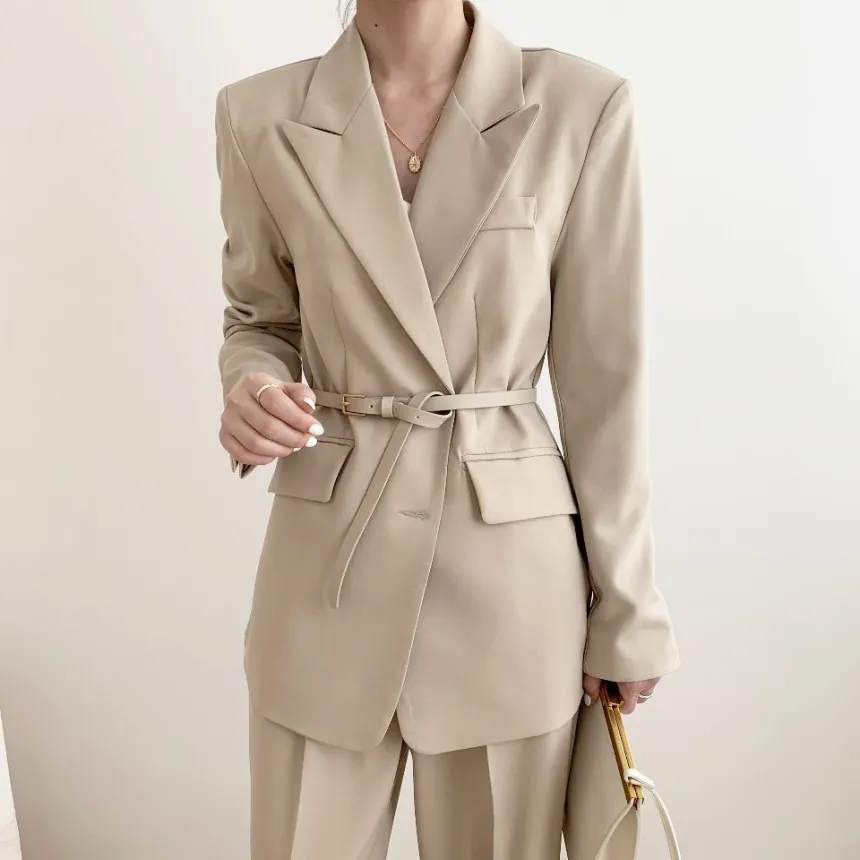 OL WOOD носить твердый минималистский пиджак женские пальто осень элегантный шикарный свободный костюм Джек женские пиджаки с поясом 210421