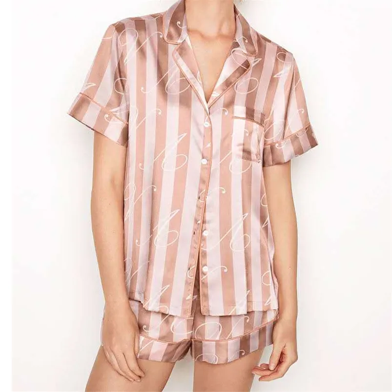 Krótkie piżamy dla kobiet Satin Silk Sleepwear Zestaw Lounge Wear PJS Print Dwa kawałek ładny nocny garnitur topy spodnie domowe ubrania 210831