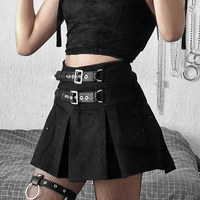 Gothique Noir Court Mini Plissé Y2k Goth Jupes Femmes Punk En Cuir PU Double Boucle Taille Haute Harajuku Sexe Jupe Femme 210415
