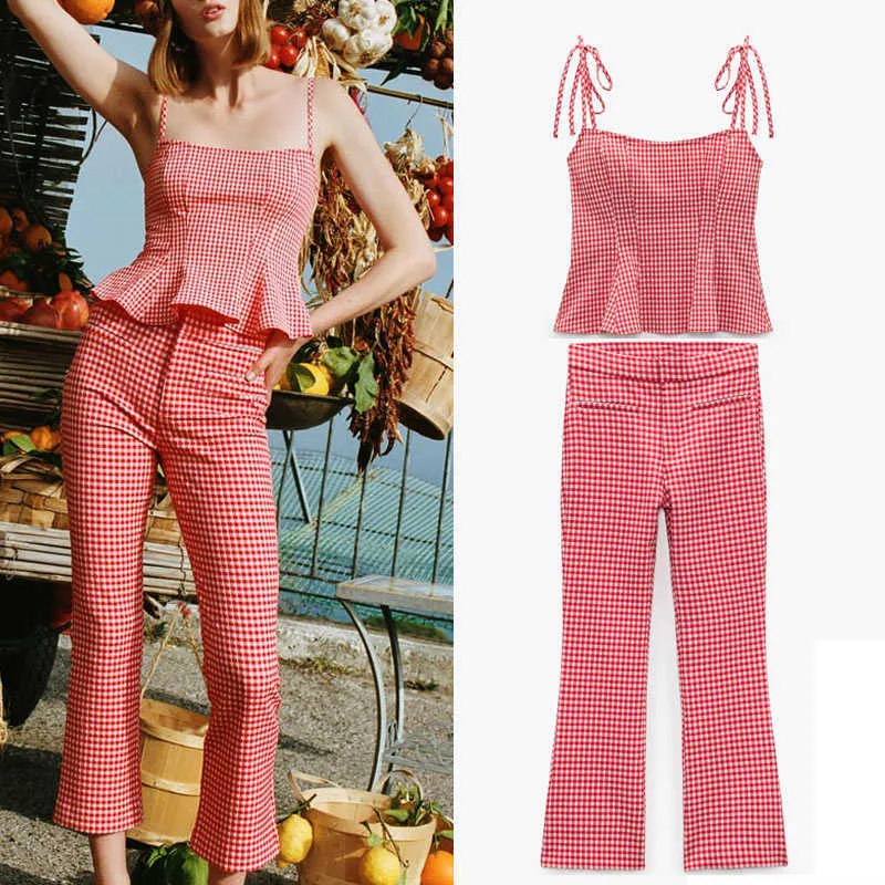 Za 2021 Czerwona plaid Flare Spodnie Kobiety Moda Wysoka Talia Flared Noga Zip Summer Pant Seksowne Kępki Paski Backless Wzburzyć Obecnie Top Kobieta Q0801