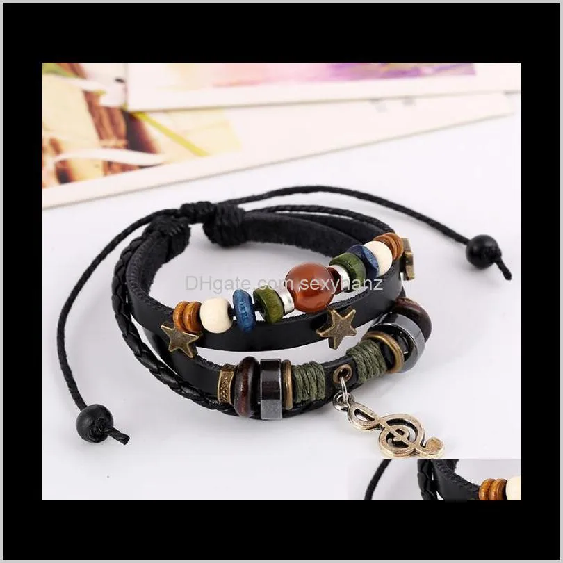 punk beaded leather multilayer wrap bracelet mens vintage alloy star music note charm pendant bracelet men jewelry