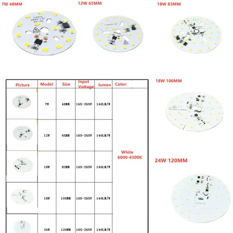 خرز الضوء AC 220V الجهد العالي SMD 2835 اللون الأبيض خطي SMART NO DRIVE 7W 12W 18W 24W 6500K PCB BULB لوحة LED LED