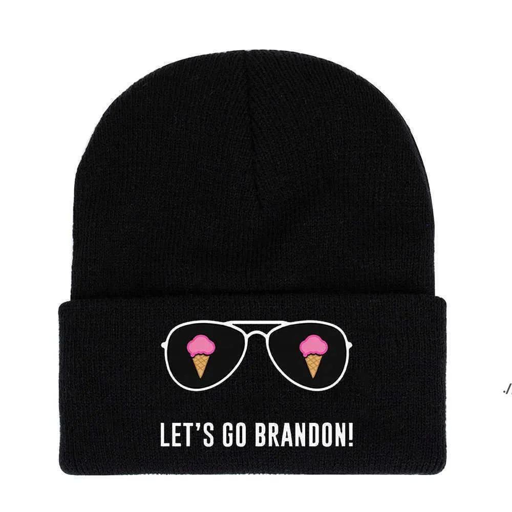 Давайте пойти Брэндон Черная вязаная шляпа зимние теплые буквы напечатанные модные вязание крючком шляпы спортивные лыжные велосипеды унисекс шансы черепные шапки RRE112