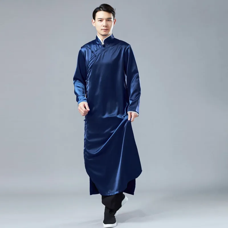 IEFB /men's wear spring satin gown robe Chinese style national costume long sleeve vent hem clothes 9Y1242 210524