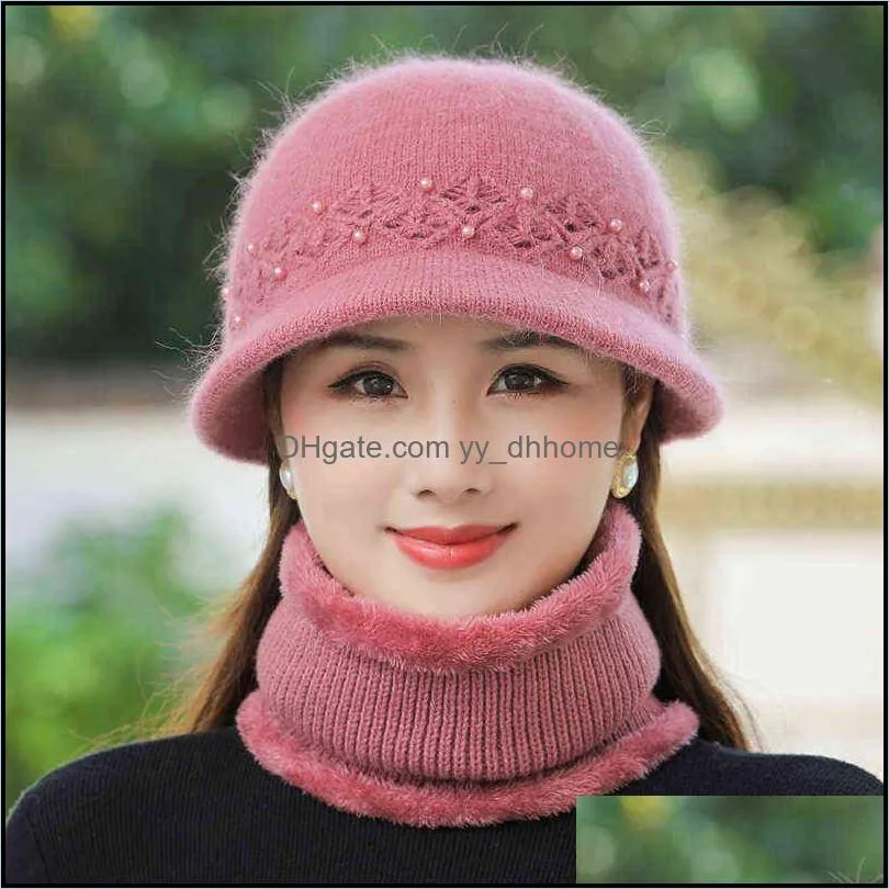 Women Winter Hat Keep Warm Cap Hat & Scarf Set Fashion Hats For Women Casual Rabbit Fur Outdoor Knitted Bucket Hat 211228