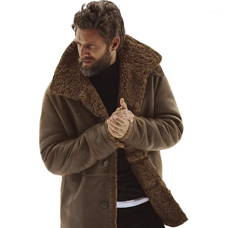 Giacca invernale da uomo Giacche in pelle da uomo vintage Cappotto di pelliccia Finto marrone Bomber da motociclista Bottone in shearling S