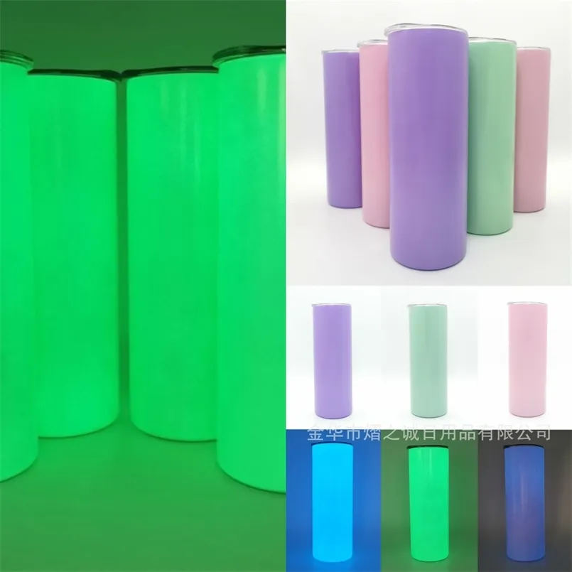 20oz Fluorescente Em Branco Sublimação Garrafa De Aço Inoxidável Skinny Tumbler Canecas Canecas de Cup de Vácuo Straight Luz da Noite Luminosa Transferência Térmica Luminosa H32BPHD