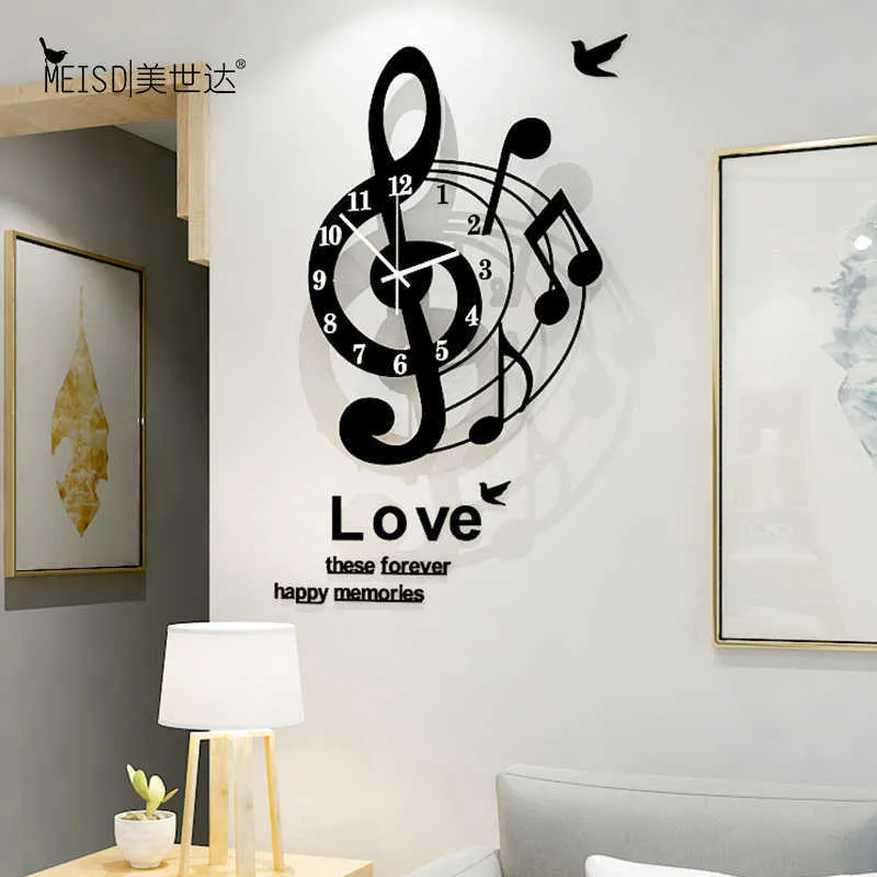 Musical Notes Art Creative Large Wall Clock Modern Design 3D Fashion Acrylic Clocks Watch Living Room Home Decor 210724