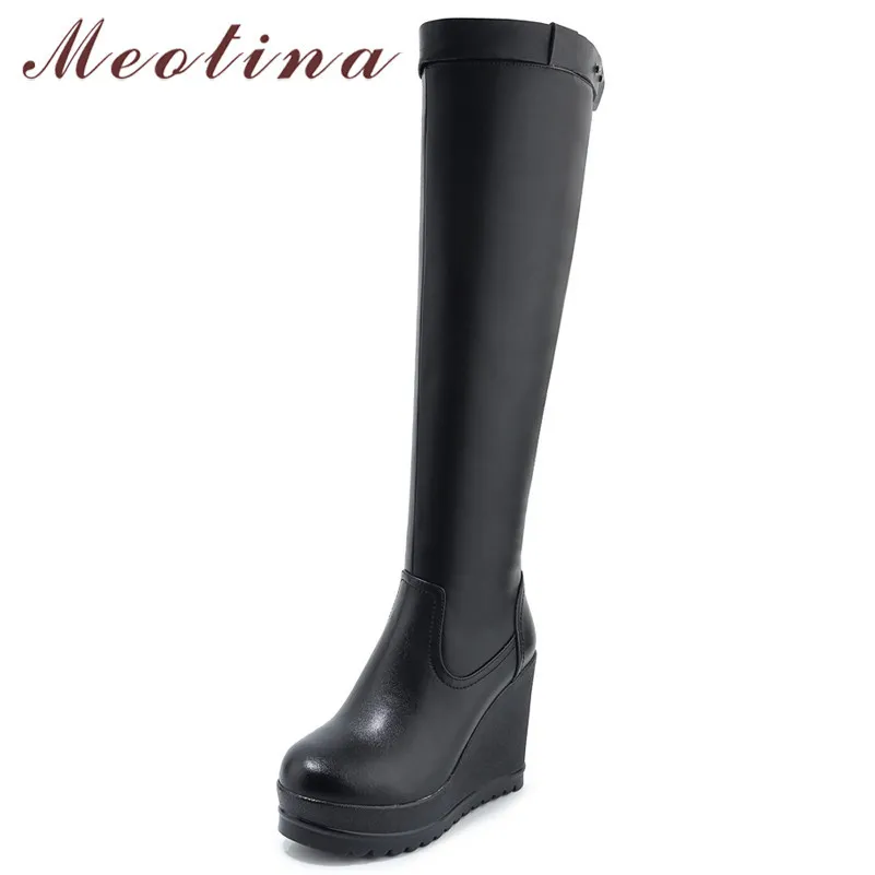 Genuine Leather Knee High Boots Women Platform Wedge Heel Long Cow Zipper Shoes Ladies Winter Size 40 210517