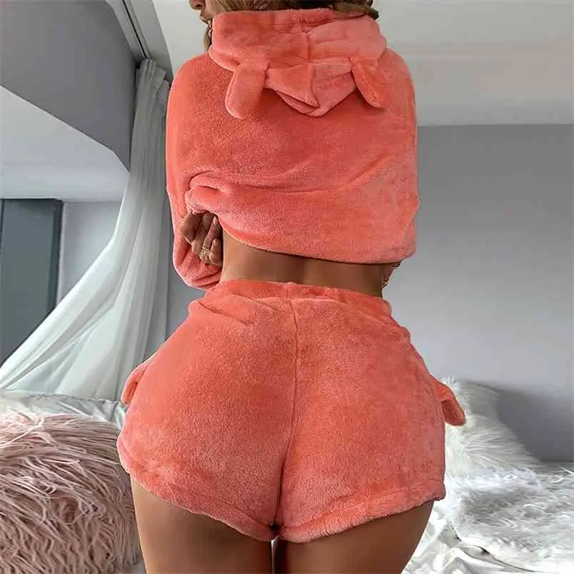 Ladies Cute Solid Soft Fluffy Suits Long Sleeve Crop Top Hoodies And Shorts Casual Home Wear Fall Winter 2 Pcs Matching Set 210517