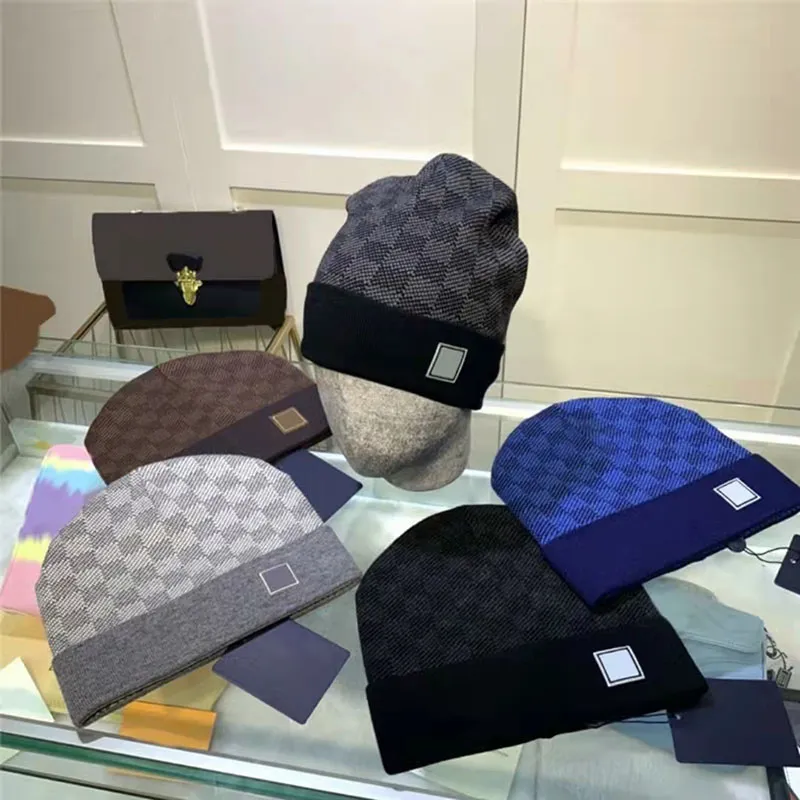 5Color Lattice Pattern Printed Beanie Designer Men Knitted Cap Luxury Fashion Autumn Winter Warm Wool Hat Women Caps Mens Beanies D2111126HL