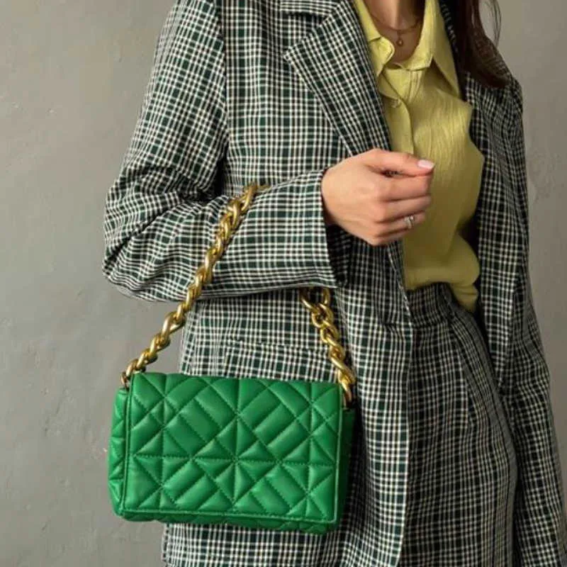Soft Pu Leather Chain Shoulder Bag Retro Casual Women Purses and Handbag Green Clutch Tote Bags for High Quality 210907