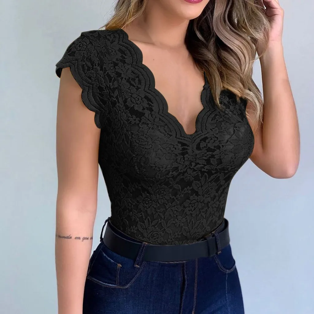 Women Sexy Slim Tops Summer V-neck Solid SleevelBlouses Woman Sheer Mesh Lace Corset Top Y2k 2021 #GH X0507