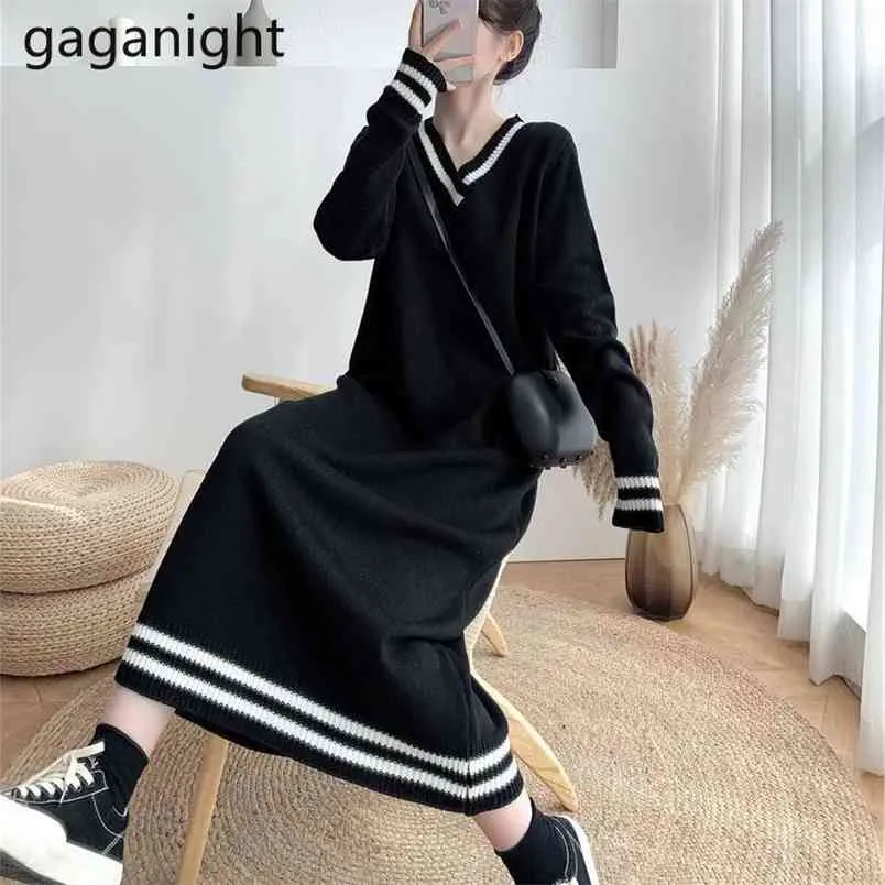 Dorywczo rozciągliwe kobiety dzianiny maxi sukienka z długim rękawem v szyja dziewczyny wiosna jesień sukienki bodycon koreański vestidos 210601