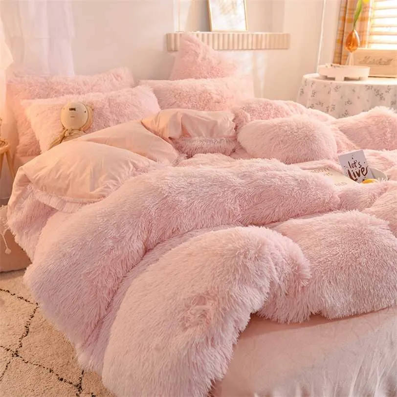 Luxury Winter Warm Bedding Set Double Side Thicken Mink Fleece Bed Sheet and Pillowcases Quilt Cover 4 Pcs Queen King Size Home 211224