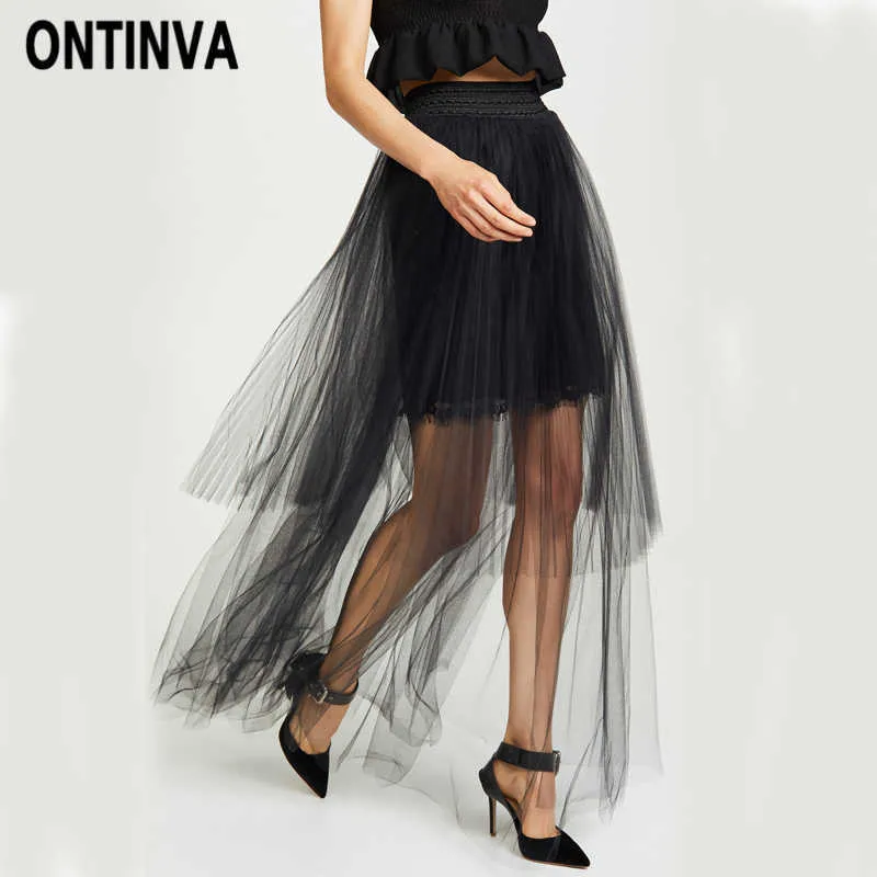 Mode mesh kvinnor lång tulle kjol asymmetrisk se igenom maxi jupes hög midja pleat vår sommar chic lady saia 210527