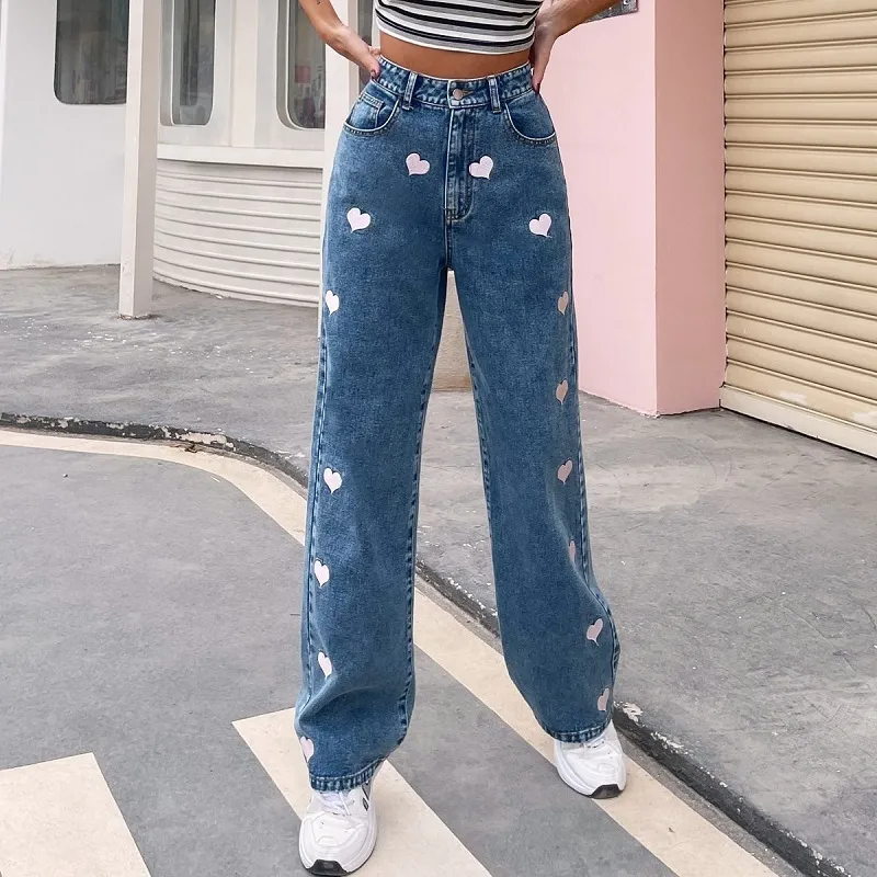 Mode casual löst mönster rakt mopping denim byxor älskar hög vänta jeans för kvinnors vintage jeans byxor full längd 210514