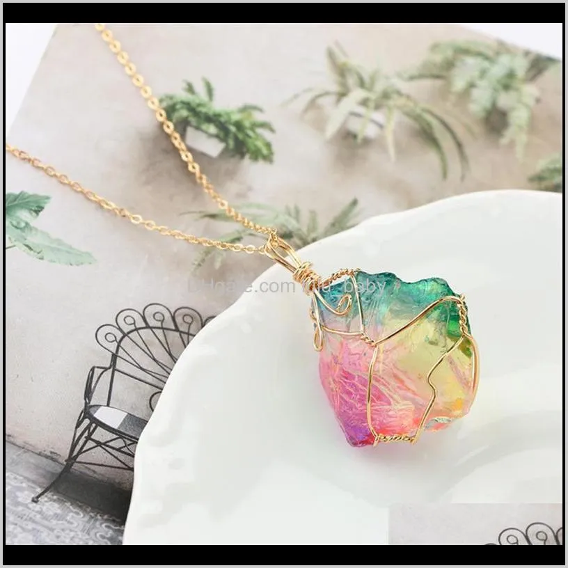 fashion rainbow stone pendant colorful natural stone alloy women necklace