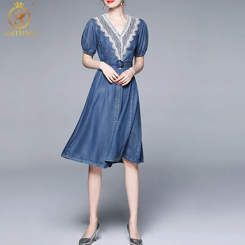 Arrivée femmes robes d'été Vintage Sexy col en v dentelle Patchwork Denim robe de soirée Vestidos 210520