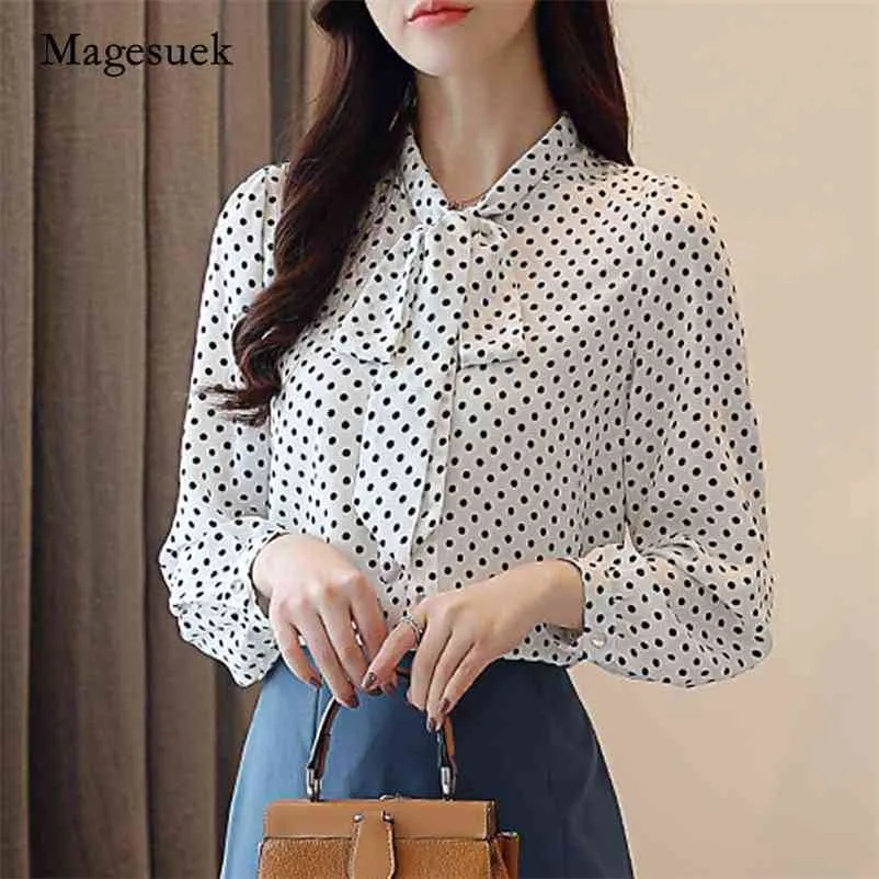 Autumn Korean Chiffon Shirts Polka Dot Casual Blouse Women Cardigan Tops Fashion Bow Tie Loose Long Sleeve Blusas 10642 210518