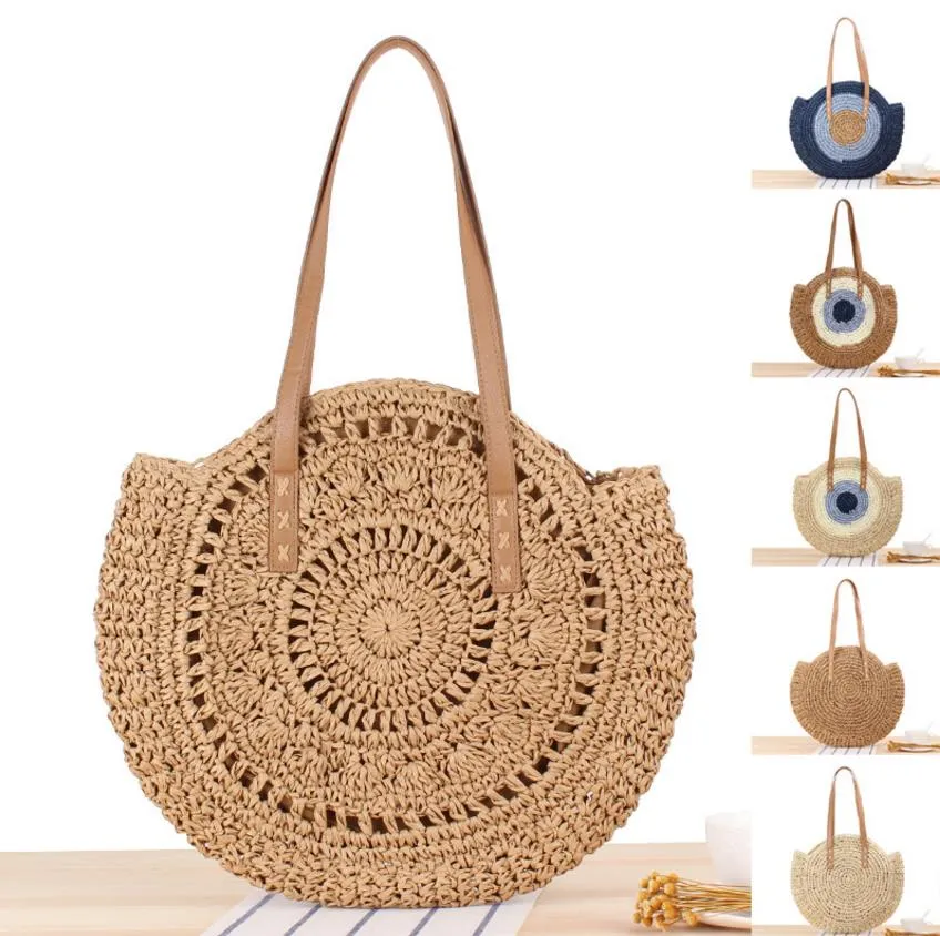 Torby do przechowywania Handwen Okrągłe Kukurydza Torba Słomiana Naturalne Chic Ręcznie Duża Summer Beach Woven Tote