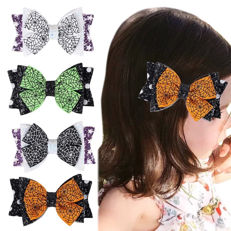 Baby Hair Clip Accessories Bow Happy Halloween Child Barrette Spider Web Print Girl Ins Ribbon Grosgrain M3742