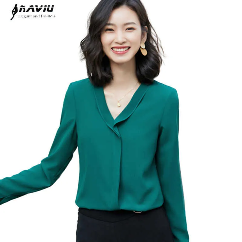 Jedwab Top Profesjonalny Pół Rękawów Ruffles Design Szyfonowe Bluzki Ogół Panie Temperament V Neck Work Green 210604