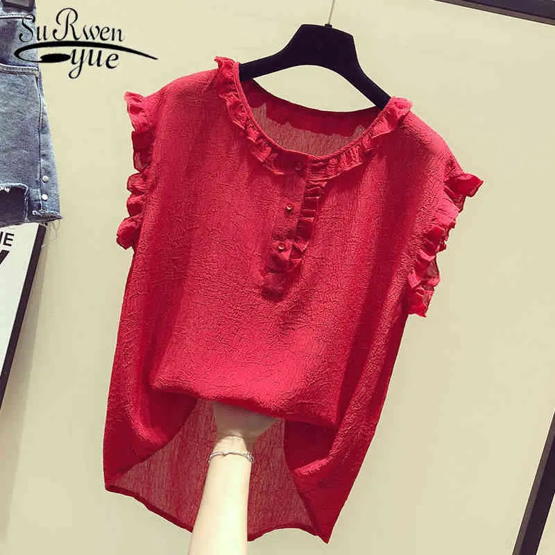 Blusas Mujer De Moda Summer Korean Style O-neck Sweet Ruffled Chiffon Blouse Women Solid Color Sleeveless Tops 8919 50 210427