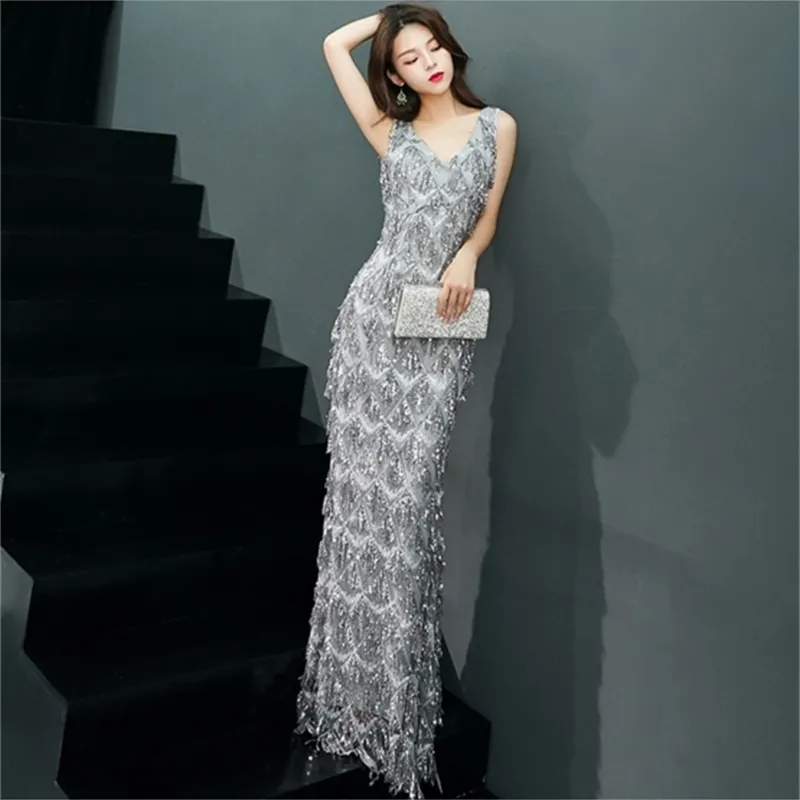 Summer Sleeveless Evening Party Dress V-neck Mermaid Maxi Elegant Long Sexy Embroidery Sequined Silver Bling 210603