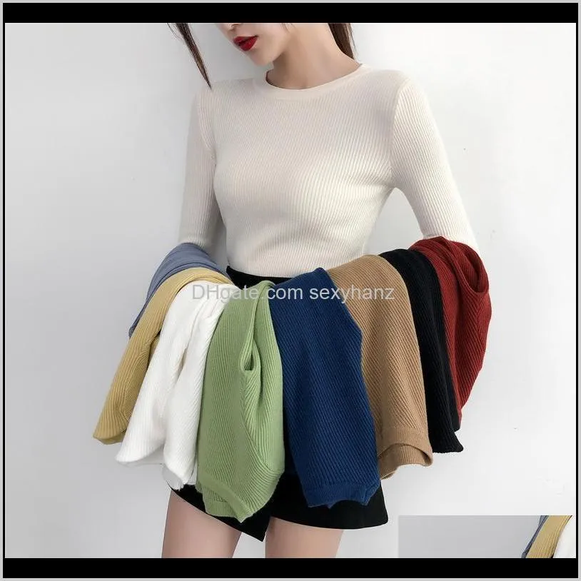 2020 autumn winter women`s pullovers sweater knitted elasticity jumper slim crew neck warm female white black sweaters