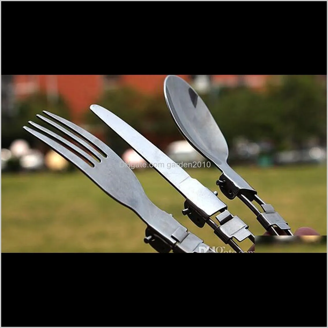 wholesale-portable multi-functional camping tools stainless steel outdoor folding tableware set picnic knife fork spoon travel