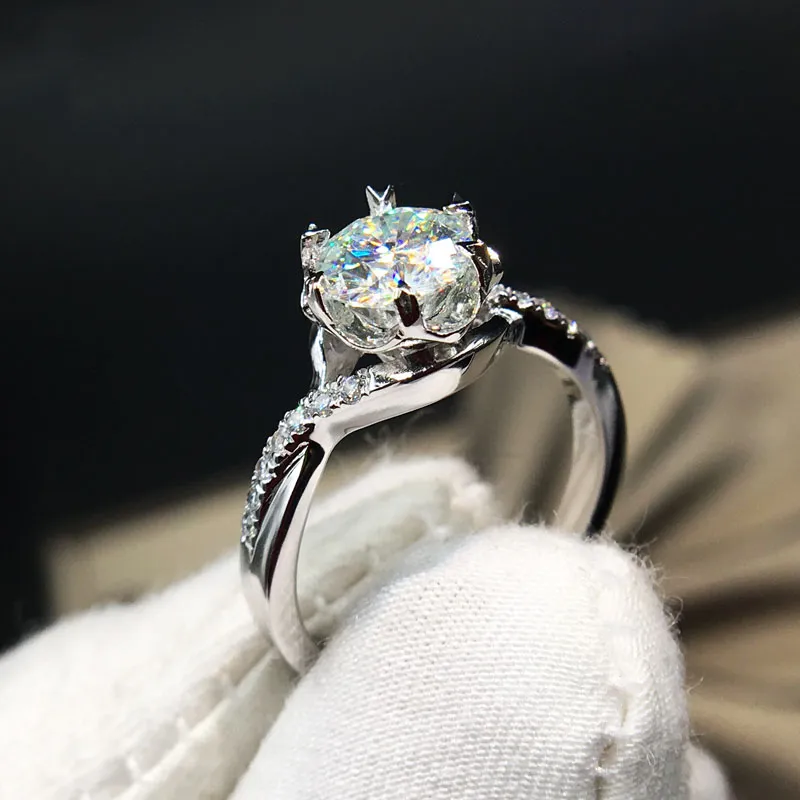 9K White Gold Ring Diamond Flower shape Anniversary romantic Trendy For Women