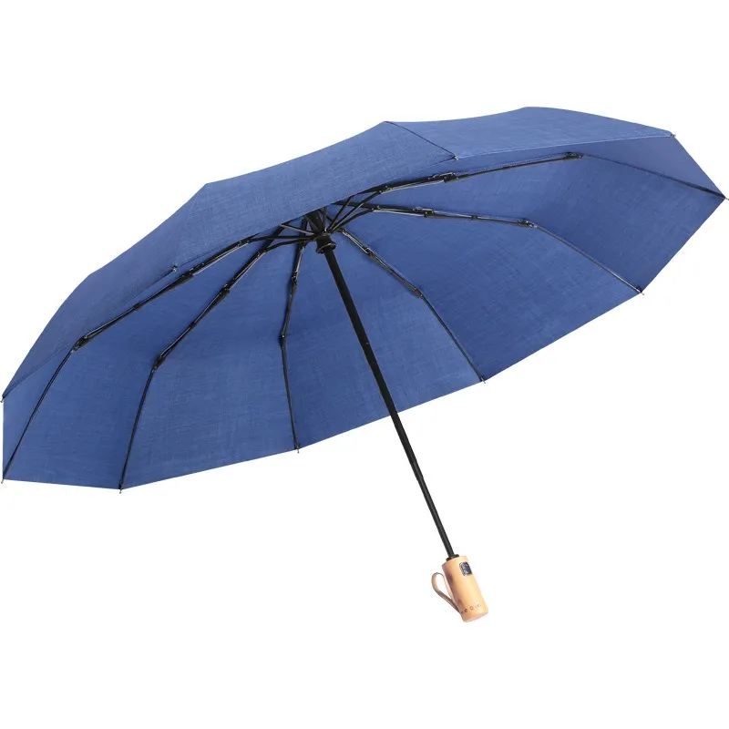 High Quality Mens Auto Folding Wood Grip Handle Umbrella Strong Windproof Paraguas Compact 3 Fold Travel Umbrellas