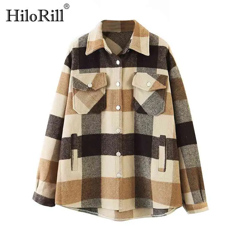 Women Loose Casual Wool Plaid Jacket Turn Down Collar Fashion Coat With Pockets Autumn Long Sleeve Ladies Jackets Coats 210508