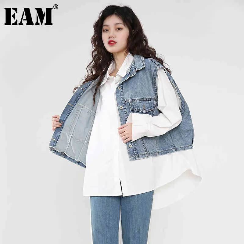 [EAM] femmes blanc irrégulier Denim grande taille Blouse revers à manches longues coupe ample chemise mode printemps été 1X25500 210512