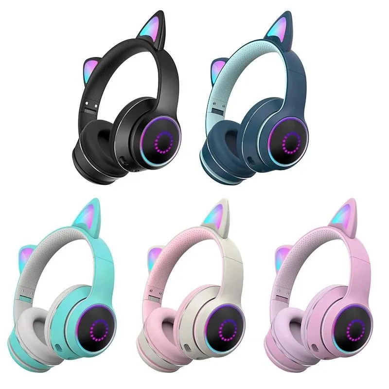 AKZ-022 Cat Ear Earphones Stereo Headset med MIC LED Light and Volume Control Support Wired Headphones Glödlampor